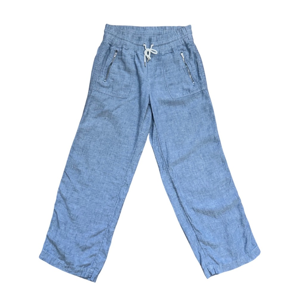Athleta Cabo Linen Wide Leg Pant Blue Chambray Smocked Waist 8 casual coastal - Picture 2 of 7